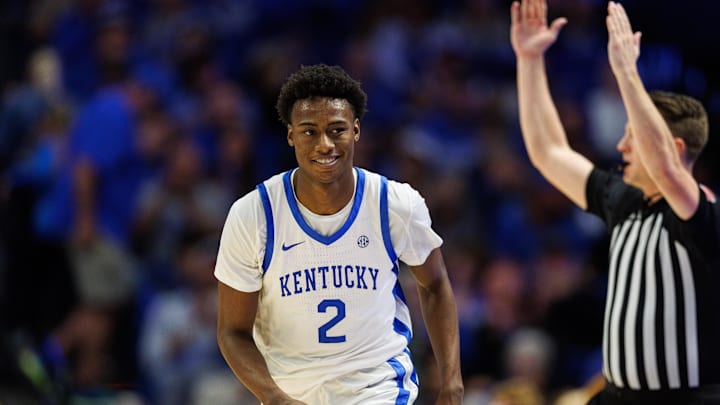 Oct 29, 2024; Lexington, KY, USA; Kentucky Wildcats guard Jaxson Robinson (2) smiles after making a three-point basket during the first half against the Minnesota State Mavericks at Rupp Arena. Mandatory Credit: Jordan Prather-Imagn Images