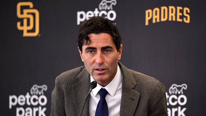 Nov 21, 2023; San Diego, CA, USA; San Diego Padres president of baseball operations and general manager A.J. Preller speaks to the media during a press conference announcing the hiring of manager Mike Shildt (not pictured) at Petco Park. Mandatory Credit: Orlando Ramirez-USA TODAY Sports