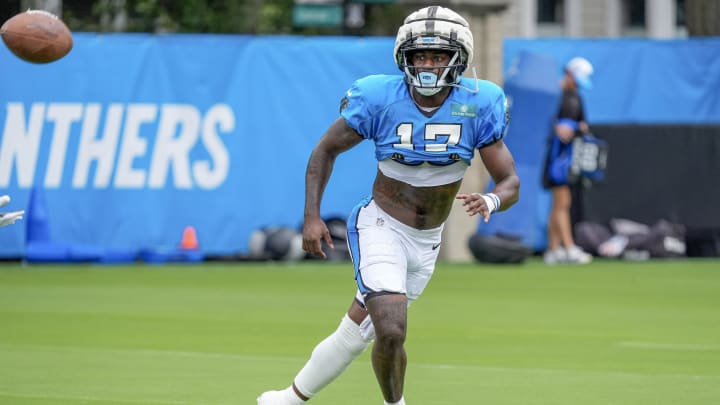 Jul 30, 2024; Charlotte, NC, USA; Carolina Panthers wide receiver Xavier Legette (17) makes a catch during training camp at Carolina Panthers Practice Fields. Mandatory Credit: Jim Dedmon-USA TODAY Sports