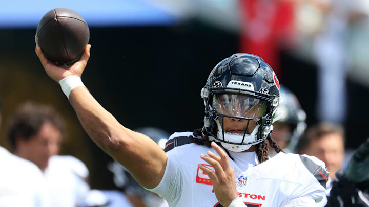 Houston Texans quarterback CJ. Stroud (7) warms up before an NFL football matchup at EverBank Stadium, Sunday, Sept. 21, 2025, in Jacksonville, Fla. The Jaguars defeated the Texans 17-10.