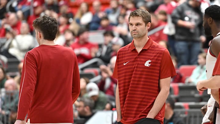 Jan 4, 2025; Pullman, Washington, USA; Washington State Cougars head coach David Riley looks on during a time out in a game against the San Francisco Dons at Friel Court at Beasley Coliseum. Mandatory Credit: James Snook-Imagn Images Jan 4, 2025; Pullman, Washington, USA; Washington State Cougars head coach David Riley looks on during a time out in a game against the San Francisco Dons at Friel Court at Beasley Coliseum. Mandatory Credit: James Snook-Imagn Images