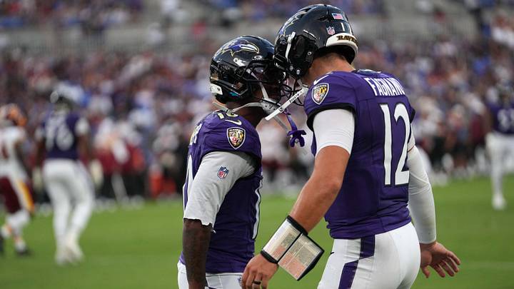 Aug 28, 2026; Baltimore, Maryland, USA; Baltimore Ravens quarterback Joe Fagnano (12) greets wide receiver LaJohntay Wester (10) following his touchdown catch in the second quarter against the Washington Commanders at M&T Bank Stadium. Mandatory Credit: Mitch Stringer-Imagn Images Aug 28, 2026; Baltimore, Maryland, USA; Baltimore Ravens quarterback Joe Fagnano (12) greets wide receiver LaJohntay Wester (10) following his touchdown catch in the second quarter against the Washington Commanders at M&T Bank Stadium. Mandatory Credit: Mitch Stringer-Imagn Images