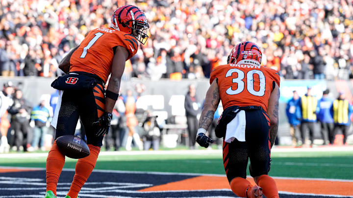 Cincinnati Bengals wide receiver Ja'Marr Chase (1) celebrates a touchdown catch in the second quarter of the NFL Week 13 game between the Cincinnati Bengals and the Pittsburgh Steelers at Paycor Stadium in downtown Cincinnati on Sunday, Dec. 1, 2024. Cincinnati Bengals wide receiver Ja'Marr Chase (1) celebrates a touchdown catch in the second quarter of the NFL Week 13 game between the Cincinnati Bengals and the Pittsburgh Steelers at Paycor Stadium in downtown Cincinnati on Sunday, Dec. 1, 2024.