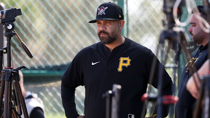 Feb 14, 2025; Bradenton, FL, USA;  Pittsburgh Pirates pitching coach Oscar Marin during spring training workouts at Pirate City. Mandatory Credit: Kim Klement Neitzel-Imagn Images