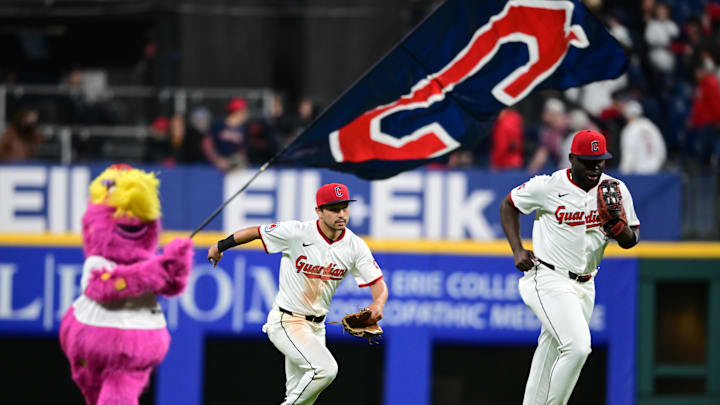 Apr 21, 2025: Cleveland Guardians left fielder Steven Kwan (38) and Cleveland Guardians right fielder Jhonkensy Noel (43) react after the Cleveland Guardians defeated the New York Yankees at Progressive Field. 
