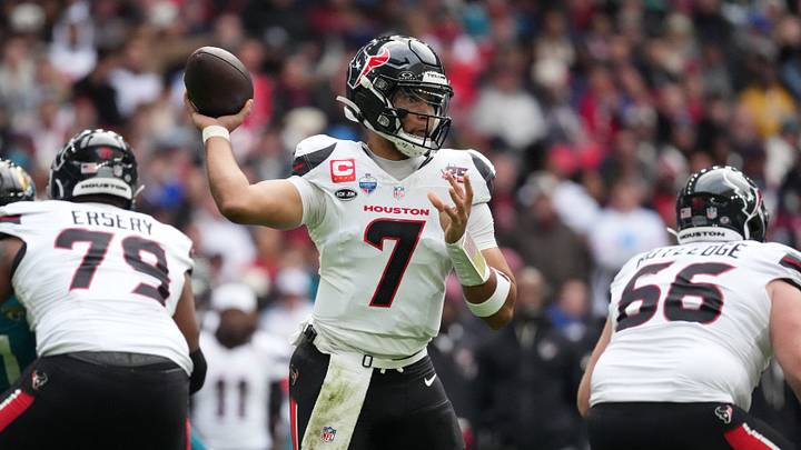 Oct 18, 2026; London, ENG;  Houston Texans quarterback C.J. Stroud (7) throws the ball during the first half against the Jacksonville Jaguars at Wembley Stadium.  Mandatory Credit: Kirby Lee-Imagn Images