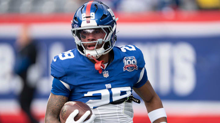 New York Giants running back Tyrone Tracy Jr. (29) runs with the ball during warmups before a game between New York Giants and Indianapolis Colts at MetLife Stadium on Sunday, Dec. 29, 2024.