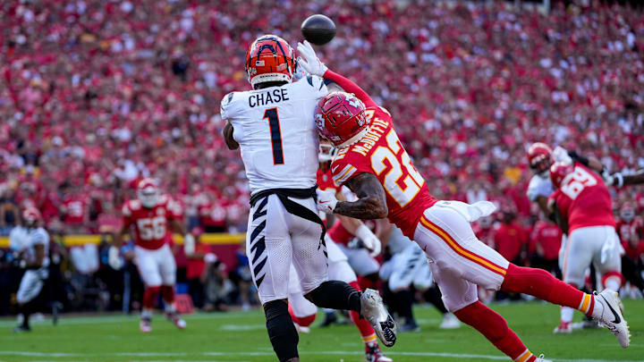 Kansas City Chiefs cornerback Trent McDuffie (22) breaks up a pass intended for Cincinnati Bengals wide receiver Ja'Marr Chase (1) in the first quarter of the NFL Week 2 game between the Kansas City Chiefs and the Cincinnati Bengals at Arrowhead Stadium in Kansas City on Sunday, Sept. 15, 2024. The Bengals led 16-10 at halftime. Kansas City Chiefs cornerback Trent McDuffie (22) breaks up a pass intended for Cincinnati Bengals wide receiver Ja'Marr Chase (1) in the first quarter of the NFL Week 2 game between the Kansas City Chiefs and the Cincinnati Bengals at Arrowhead Stadium in Kansas City on Sunday, Sept. 15, 2024. The Bengals led 16-10 at halftime.