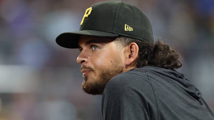 Jul 7, 2026; Pittsburgh, Pennsylvania, USA;  Pittsburgh Pirates pitcher Jared Jones (17) in the dugout during the ninth inning against the Atlanta Braves at PNC Park. Mandatory Credit: Charles LeClaire-Imagn Images