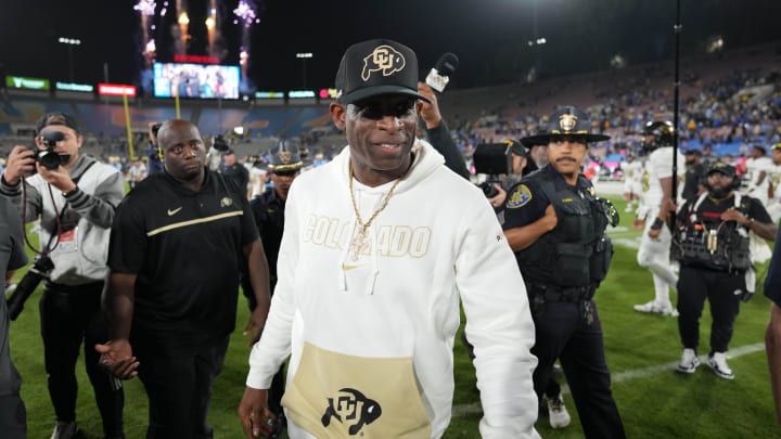 Oct 28, 2023; Pasadena, California, USA; Colorado Buffaloes head coach Deion Sanders leaves the