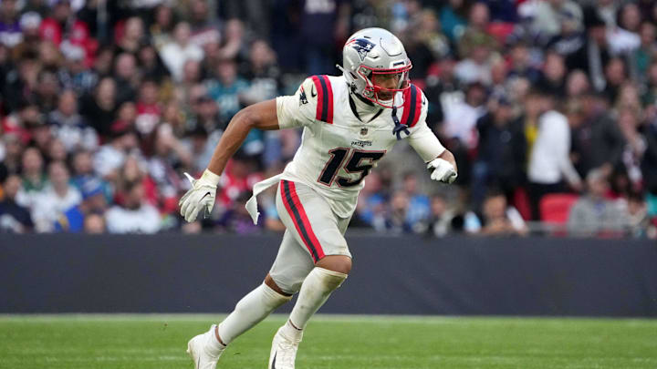 Oct 20, 2024; London, United Kingdom; New England Patriots safety Marte Mapu (15) against the Jacksonville Jaguars in the second half of an NFL International Series game at Wembley Stadium. Mandatory Credit: Kirby Lee-Imagn Images