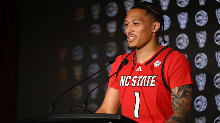 Oct 8, 2025; Charlotte, NC, USA; NC State player Darrion Williams answers questions from the media at The Hilton Charlotte Uptown. Mandatory Credit: William Howard-Imagn Images Oct 8, 2025; Charlotte, NC, USA; NC State player Darrion Williams answers questions from the media at The Hilton Charlotte Uptown. Mandatory Credit: William Howard-Imagn Images