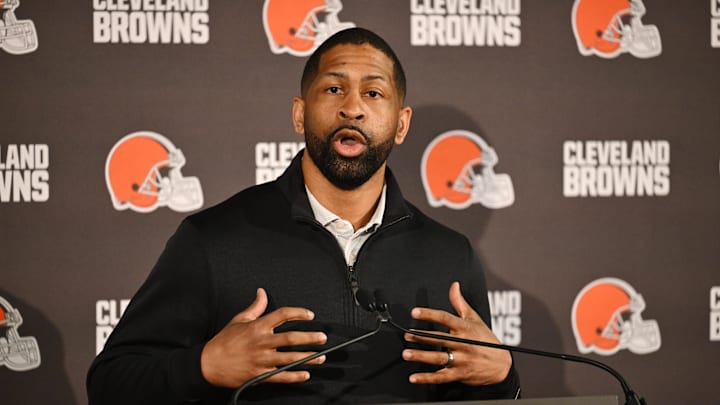 Feb 3, 2026; Berea, OH, USA; Executive vice president, football operations and general manager  Andrew Berry speaks to the media during a press conference to introduce new head coach Todd Monken at CrossCountry Mortgage Campus. Mandatory Credit: Ken Blaze-Imagn Images