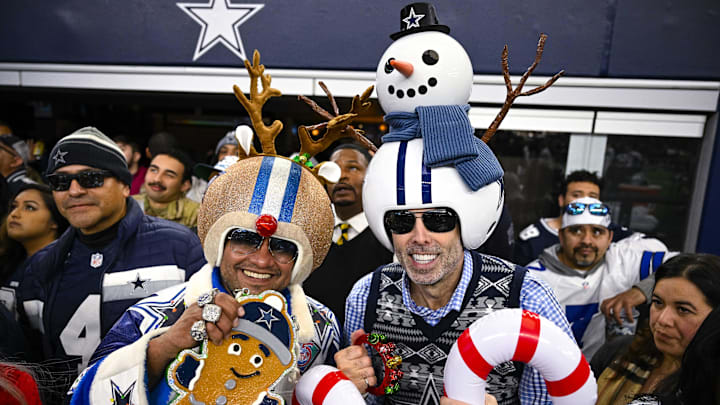 A view of Dallas Cowboys fans in Christmas costumes during the game between the Dallas Cowboys and the Philadelphia Eagles. A view of Dallas Cowboys fans in Christmas costumes during the game between the Dallas Cowboys and the Philadelphia Eagles.