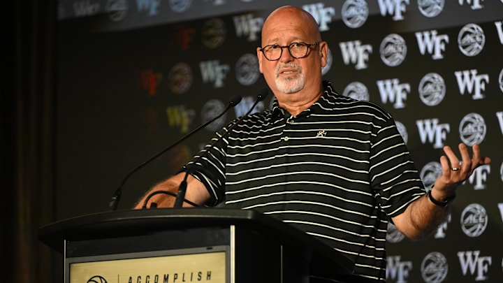 Oct 8, 2025; Charlotte, NC, USA; Wake Forest head coach Steve Forbes answers questions from the media at The Hilton Charlotte Uptown. Mandatory Credit: William Howard-Imagn Images Oct 8, 2025; Charlotte, NC, USA; Wake Forest head coach Steve Forbes answers questions from the media at The Hilton Charlotte Uptown. Mandatory Credit: William Howard-Imagn Images