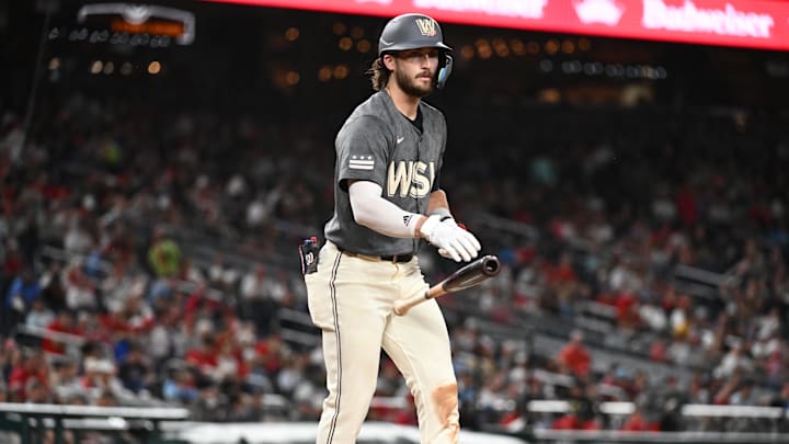 Sep 27, 2024; Washington, District of Columbia, USA;  Washington Nationals outfielder Dylan Crews (3) draws a walk during the second inning against the Philadelphia Phillies at Nationals Park. 