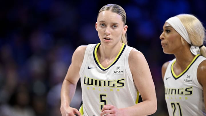 May 19, 2025; Arlington, Texas, USA; Dallas Wings guard Paige Bueckers (5) and guard DiJonai Carrington (21) run back up the court during the second half against the Seattle Storm at College Park Center. Mandatory Credit: Jerome Miron-Imagn Images May 19, 2025; Arlington, Texas, USA; Dallas Wings guard Paige Bueckers (5) and guard DiJonai Carrington (21) run back up the court during the second half against the Seattle Storm at College Park Center. Mandatory Credit: Jerome Miron-Imagn Images