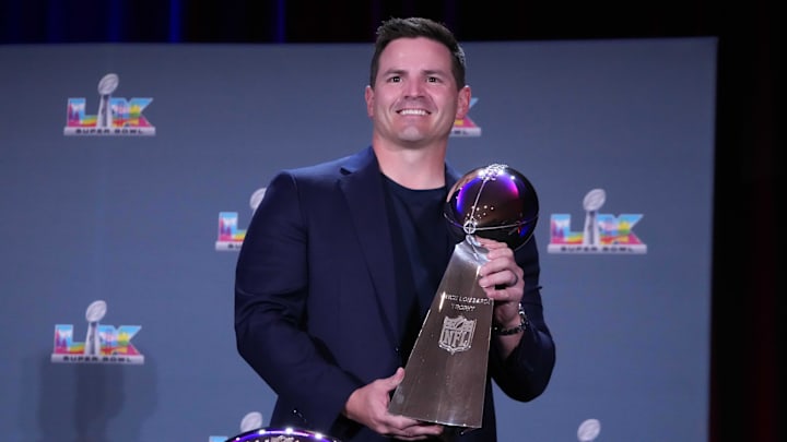Feb 9, 2026; San Francisco, CA, USA;  Seattle Seahawks head coach Mike MacDonald poses with the Vince Lombardi trophy during the Super Bowl LX winning head coach and most valuable player press conference at Moscone Center. Mandatory Credit: Kirby Lee-Imagn Images