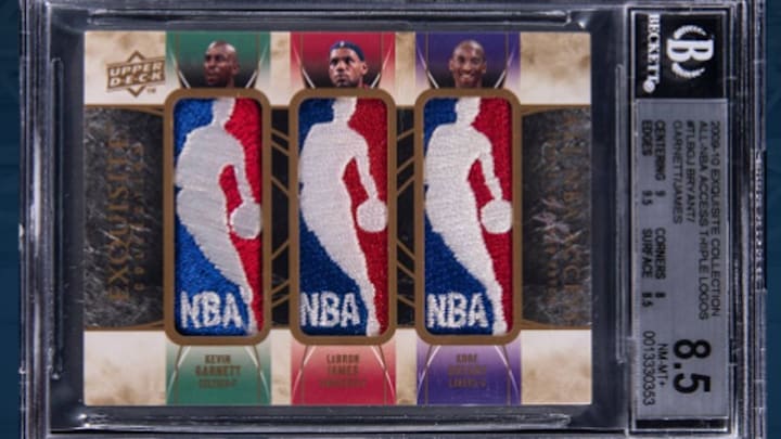A BGS 8.5 2009-10 Upper Deck Exquisite Collection Triple Logoman card featuring Kevin Garnett, LeBron James, and Kobe Bryant