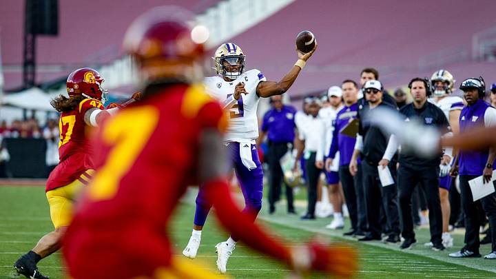 Michael Penix Jr. launches a pass in the 2023 UW-USC game in Los Angeles. Michael Penix Jr. launches a pass in the 2023 UW-USC game in Los Angeles.