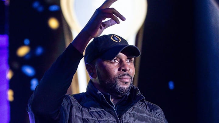Jan 13, 2024; Ann Arbor, MI, USA; Michigan offensive coordinator Sherrone Moore is introduced during