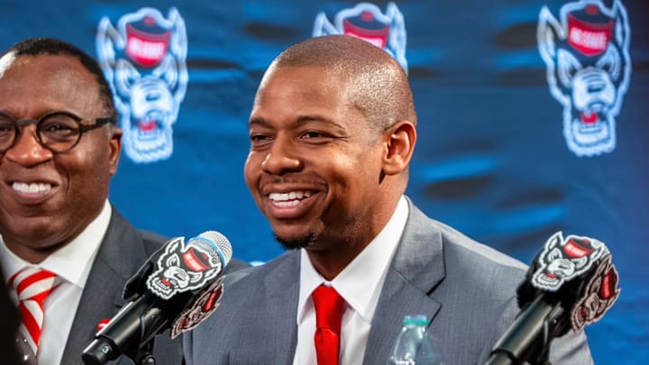 NC State men's basketball coach Justin Gainey speaks during his introductory press conference on April 1, 2026.