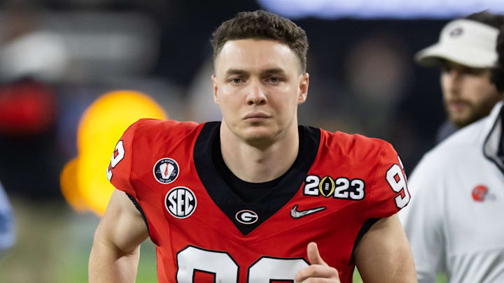 Jan 9, 2023; Inglewood, CA, USA; Georgia Bulldogs punter Brett Thorson (92) against the TCU Horned Frogs during the CFP national championship game at SoFi Stadium. Mandatory Credit: Mark J. Rebilas-Imagn Images