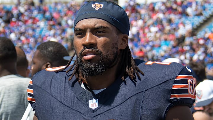Chicago Bears offensive tackle Braxton Jones (70) on the sidelines during a pre-season game against the Buffalo Bills at Highmark Stadium.