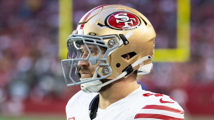 Jan 5, 2025; Glendale, Arizona, USA; San Francisco 49ers fullback Kyle Juszczyk (44) against the Arizona Cardinals at State Farm Stadium. Mandatory Credit: Mark J. Rebilas-Imagn Images Jan 5, 2025; Glendale, Arizona, USA; San Francisco 49ers fullback Kyle Juszczyk (44) against the Arizona Cardinals at State Farm Stadium. Mandatory Credit: Mark J. Rebilas-Imagn Images