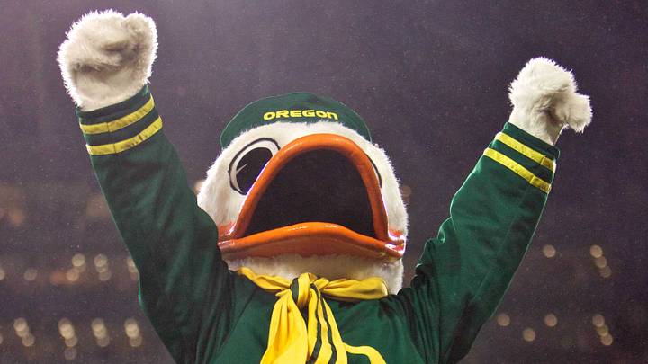 Nov 26, 2010; Eugene, OR, USA; The mascot for the Oregon Ducks celebrates in the fourth quarter against the Arizona Wildcats at Autzen Stadium. Mandatory Credit: Craig Mitchelldyer-USA TODAY Sports Nov 26, 2010; Eugene, OR, USA; The mascot for the Oregon Ducks celebrates in the fourth quarter against the Arizona Wildcats at Autzen Stadium. Mandatory Credit: Craig Mitchelldyer-USA TODAY Sports