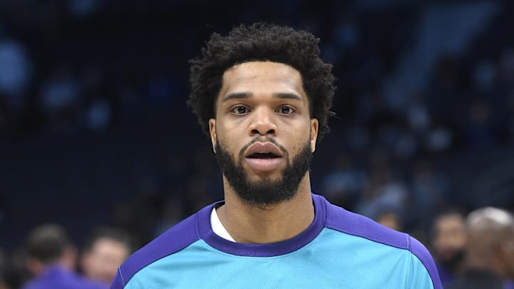 Mar 5, 2025; Charlotte, North Carolina, USA;  Charlotte Hornets forward Miles Bridges (0) warms up before the game against the Minnesota Timberwolves at the Spectrum Center. Mandatory Credit: Sam Sharpe-Imagn Images