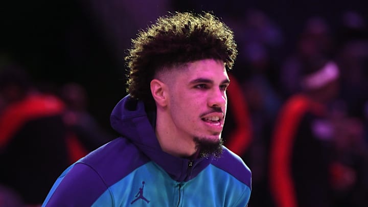 Dec 23, 2024; Charlotte, North Carolina, USA;  Charlotte Hornets guard LaMelo Ball (1) warms up before the game against the Houston Rockets at the Spectrum Center. Mandatory Credit: Sam Sharpe-Imagn Images