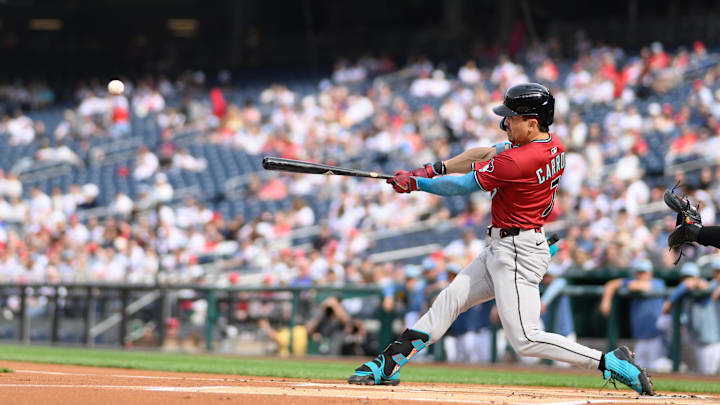 Apr 5, 2025; Washington, District of Columbia, USA; Arizona Diamondbacks outfielder Corbin Carroll (7) at bat during the first inning against the Washington Nationals at Nationals Park. Mandatory Credit: Reggie Hildred-Imagn Images Apr 5, 2025; Washington, District of Columbia, USA; Arizona Diamondbacks outfielder Corbin Carroll (7) at bat during the first inning against the Washington Nationals at Nationals Park. Mandatory Credit: Reggie Hildred-Imagn Images