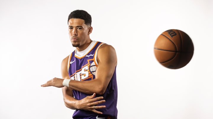 Sep 24, 2025; Phoenix, AZ, USA; Phoenix Suns guard Devin Booker (1) poses for portrait during Media Day at PHX Arena. Mandatory Credit: Mark J. Rebilas-Imagn Images Sep 24, 2025; Phoenix, AZ, USA; Phoenix Suns guard Devin Booker (1) poses for portrait during Media Day at PHX Arena. Mandatory Credit: Mark J. Rebilas-Imagn Images