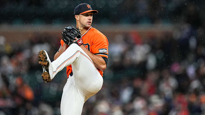 Detroit Tigers pitcher Jack Flaherty (9) throws against Texas Rangers during the third inning at Comerica Park in Detroit on Friday, May 1, 2026.