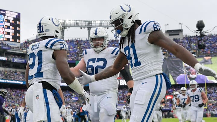 Sep 24, 2023; Baltimore, Maryland, USA; Indianapolis Colts running back Zack Moss (21) reacts after