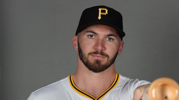 Feb 18, 2025; Bradenton, FL, USA; Pittsburgh Pirates first base Spencer Horwitz (2) poses for a photo during media day at Pirate City. Mandatory Credit: Kim Klement Neitzel-Imagn Images