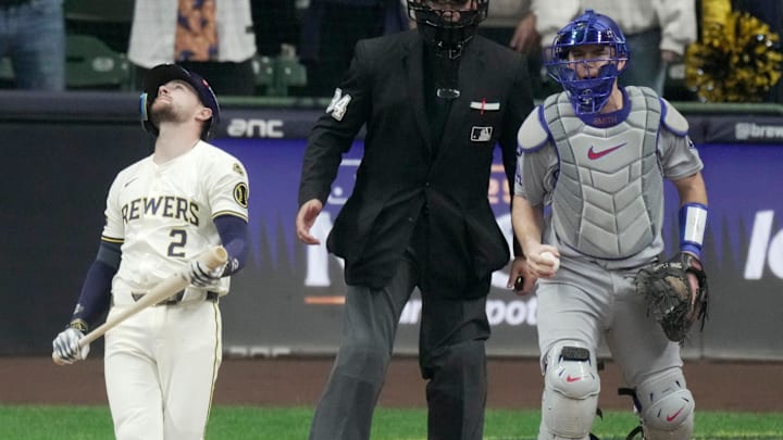 Milwaukee Brewers second baseman Brice Turang (2) strikes out with the bases loaded during the ninth inning of their National League Championship Series game against the Los Angeles Dodgers October 13, 2025 at American Family Field in Milwaukee, Wisconsin. The Los Angeles Dodgers beat the Milwaukee Brewers 2-1.