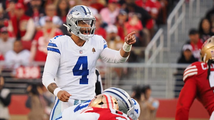 Oct 27, 2024; Santa Clara, California, USA; Dallas Cowboys quarterback Dak Prescott (4) calls out before a play against the San Francisco 49ers during the first quarter at Levi's Stadium. Mandatory Credit: Kelley L Cox-Imagn Images Oct 27, 2024; Santa Clara, California, USA; Dallas Cowboys quarterback Dak Prescott (4) calls out before a play against the San Francisco 49ers during the first quarter at Levi's Stadium. Mandatory Credit: Kelley L Cox-Imagn Images