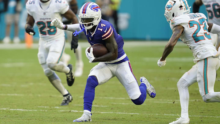 Nov 9, 2025; Miami Gardens, Florida, USA; Buffalo Bills wide receiver Tyrell Shavers (14) runs against Miami Dolphins cornerback Jack Jones (23) during the second half at Hard Rock Stadium. Nov 9, 2025; Miami Gardens, Florida, USA; Buffalo Bills wide receiver Tyrell Shavers (14) runs against Miami Dolphins cornerback Jack Jones (23) during the second half at Hard Rock Stadium.
