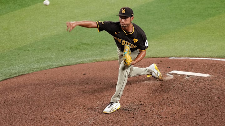 Sep 27, 2024; Phoenix, Arizona, USA; San Diego Padres pitcher Yu Darvish (11) during the third inning at Chase Field. Mandatory Credit: Joe Camporeale-Imagn Images Sep 27, 2024; Phoenix, Arizona, USA; San Diego Padres pitcher Yu Darvish (11) during the third inning at Chase Field. Mandatory Credit: Joe Camporeale-Imagn Images