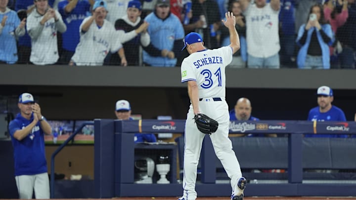 Nov 1, 2025; Toronto, Ontario, CAN; Toronto Blue Jays pitcher Max Scherzer (31) is relieved in the fifth inning against the Los Angeles Dodgers during game seven of the 2025 MLB World Series at Rogers Centre. Mandatory Credit: John E. Sokolowski-Imagn Images