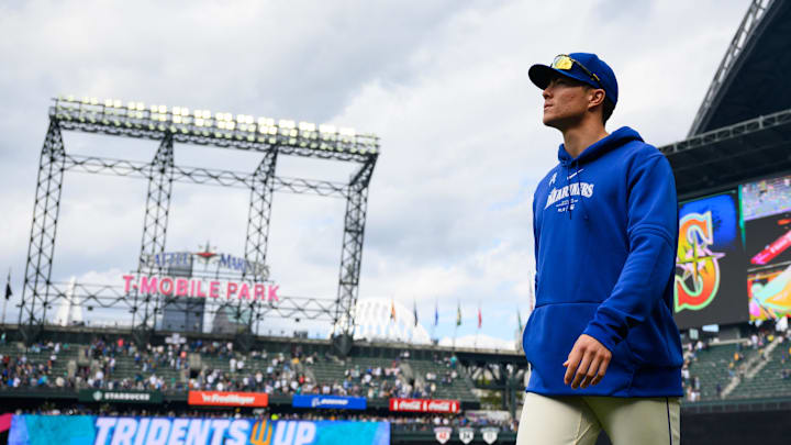 Seattle Mariners pitcher Bryan Woo (22) walks around after the game between the Seattle Mariners and the Oakland Athletics at T-Mobile Park on Sept 29.