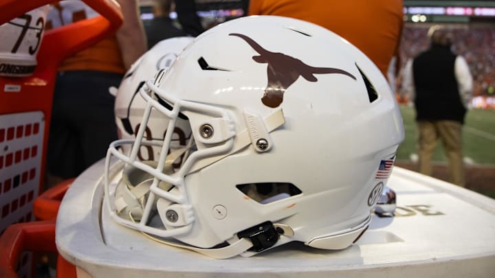 Dec 21, 2024; Austin, Texas, USA; Detailed view of a Texas Longhorns helmet during the CFP National playoff first round at Darrell K Royal-Texas Memorial Stadium. Mandatory Credit: Mark J. Rebilas-Imagn Images
