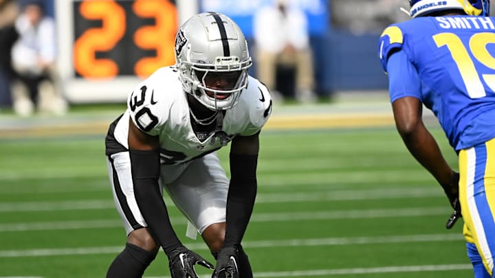 Oct 20, 2024; Inglewood, California, USA; Las Vegas Raiders cornerback Darnay Holmes (30) lines up to defend Los Angeles Rams wide receiver Xavier Smith (19)  at SoFi Stadium. Mandatory Credit: Robert Hanashiro-Imagn Images