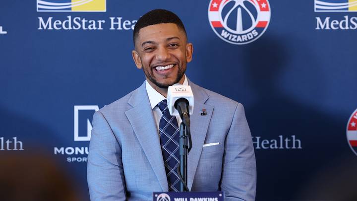 Jun 25, 2026; Washington, DC, USA; Washington Wizards general manager Will Dawkins looks on during a press conference for Wizards first round draft pick and number one overall pick AJ Dybantsa (not pictured) at InterContinental Hotel. Mandatory Credit: Amber Searls-Imagn Images Jun 25, 2026; Washington, DC, USA; Washington Wizards general manager Will Dawkins looks on during a press conference for Wizards first round draft pick and number one overall pick AJ Dybantsa (not pictured) at InterContinental Hotel. Mandatory Credit: Amber Searls-Imagn Images