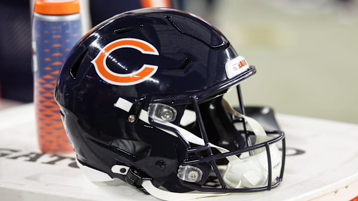 Nov 3, 2024; Glendale, Arizona, USA; Detailed view of a Chicago Bears helmet at State Farm Stadium. Mandatory Credit: Mark J. Rebilas-Imagn Images