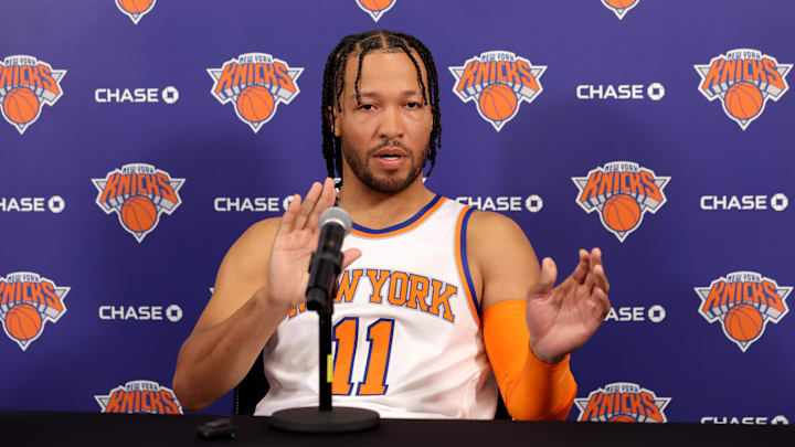 Sep 30, 2024; New York, NY, USA; New York Knicks guard Jalen Brunson speaks during a media day press conference at the MSG training facility in Tarrytown, NY. Mandatory Credit: Brad Penner-Imagn Images
