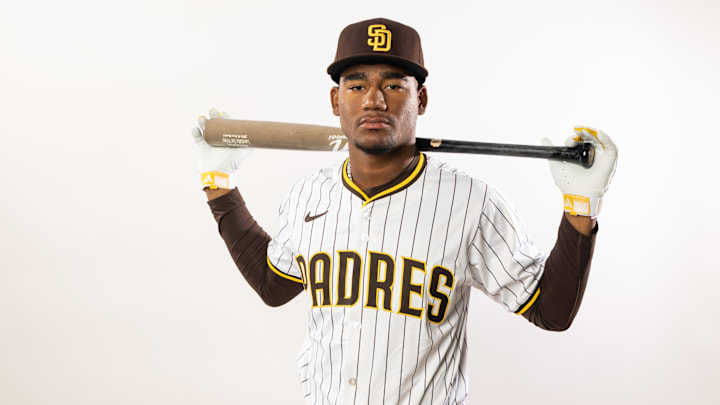 Feb 19, 2025; Peoria, AZ, USA; San Diego Padres infielder Leodalis De Vries poses for a portrait during Media Day at Peoria Sports Complex. Mandatory Credit: Mark J. Rebilas-Imagn Images Feb 19, 2025; Peoria, AZ, USA; San Diego Padres infielder Leodalis De Vries poses for a portrait during Media Day at Peoria Sports Complex. Mandatory Credit: Mark J. Rebilas-Imagn Images