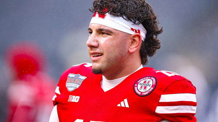 Nebraska quarterback Dylan Raiola looks on before the 2024 Pinstripe Bowl.